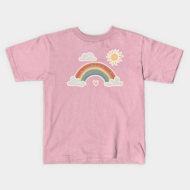 Cute Pastel Rainbow with Clouds and Sun Kids T-Shirt by LisaHartjesx